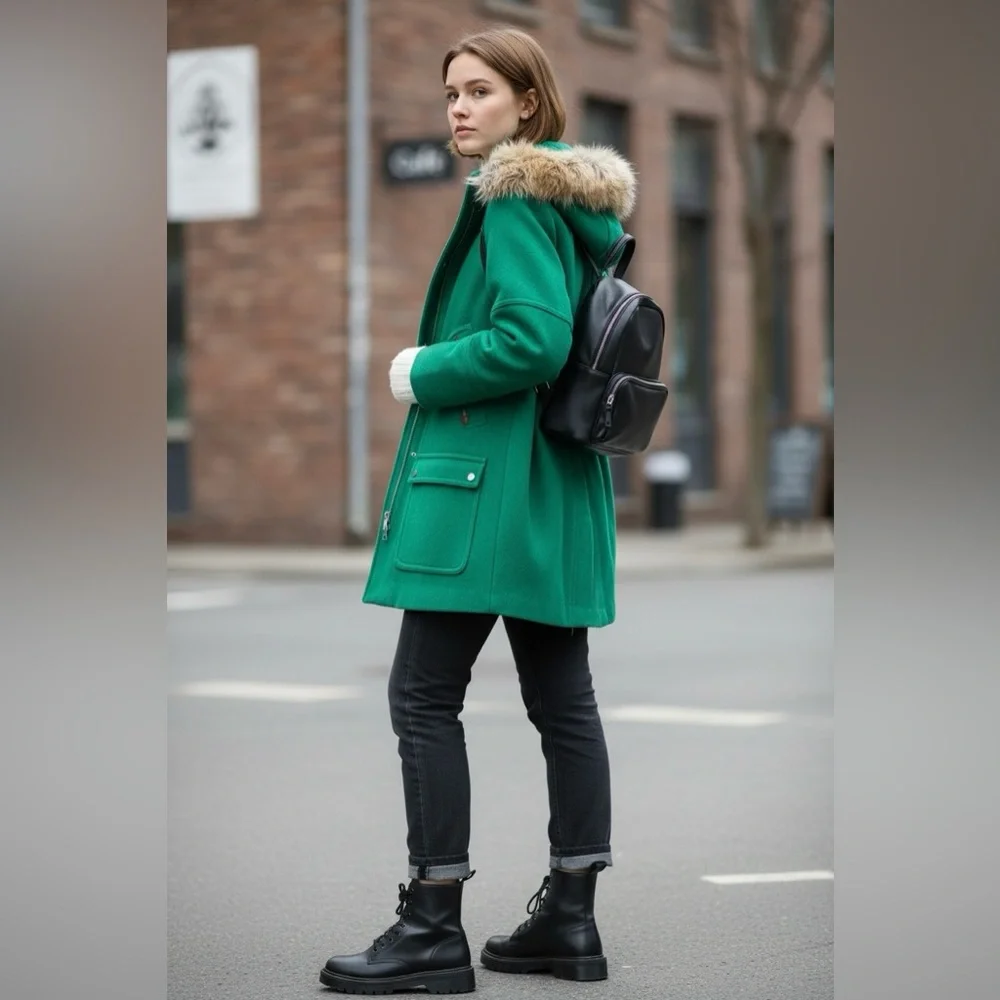 J. Crew Chateau Parka Italian Wool Stadium Cloth Faux Fur Hooded Coat Green Sz 4 - Picture 3 of 16